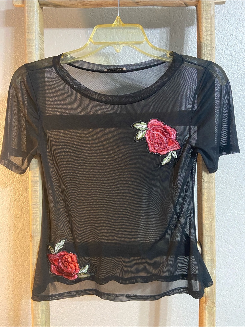Black Sheer Short-Sleeve Tee with Red Rose Appliqués